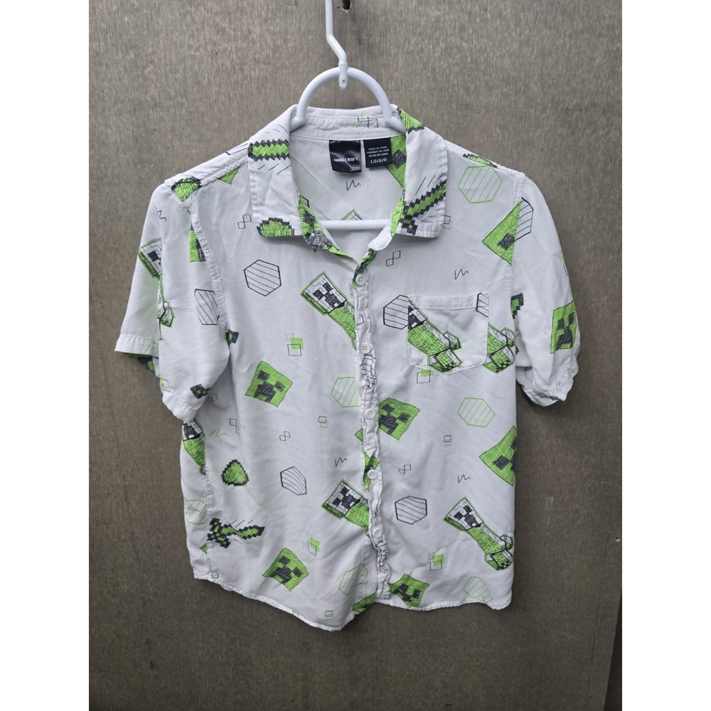 Minecraft Creeper Button Up Shirt Youth Large 10 12 White Green Gamer